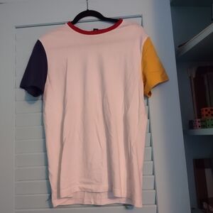 white tee with multicolored accent no flaws size small